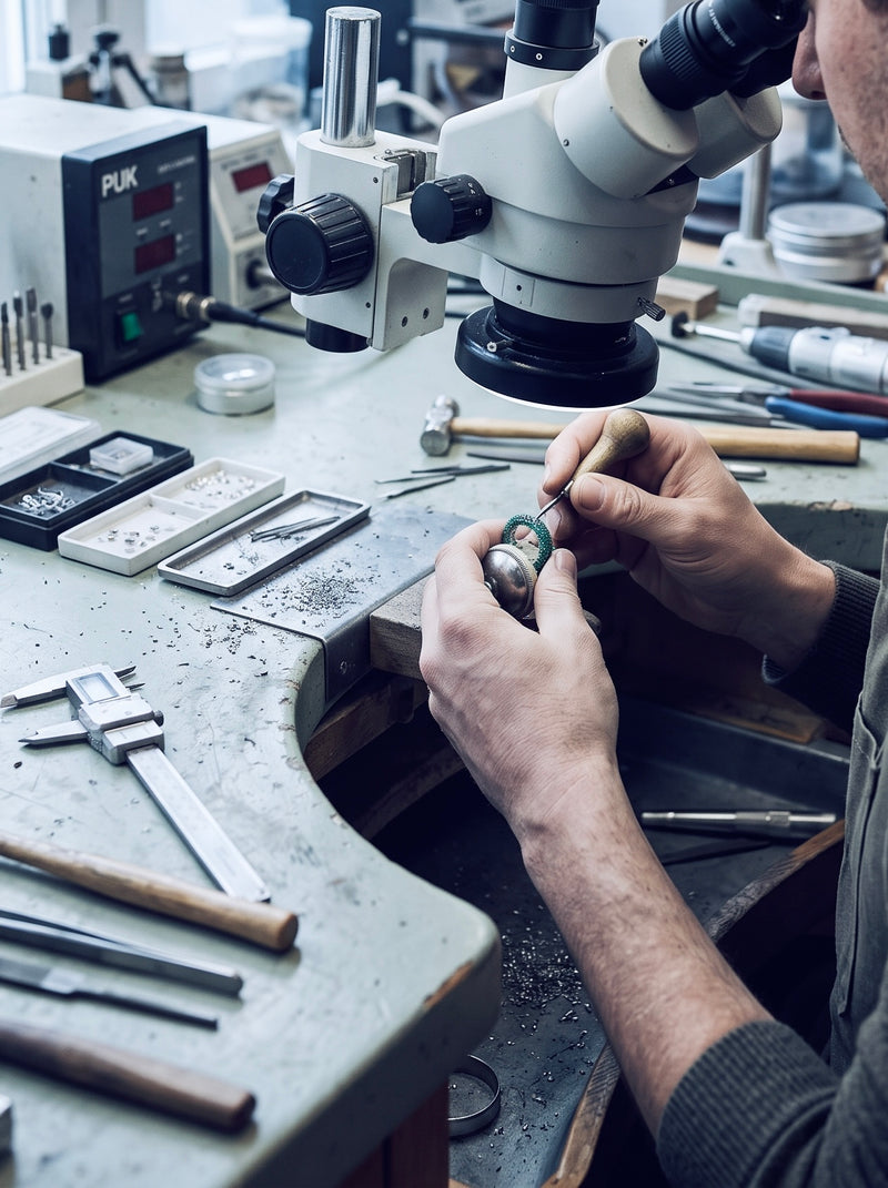 a jeweller at the bench, working under a microscope