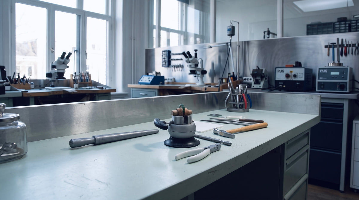 the workshop bench, with tools and microscopes beneath a row of windows