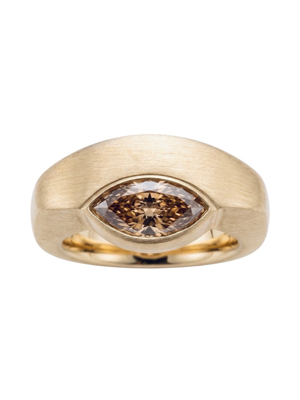 envelope ring, front view, marquise fancy brown diamond in 18k yellow gold