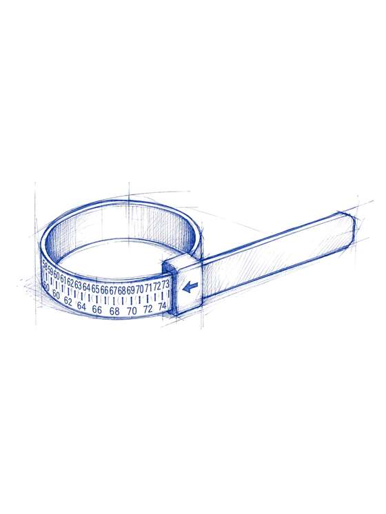hand-drawn study of the fenda ring sizer: a wrap-around measuring band with a numbered scale and sliding key